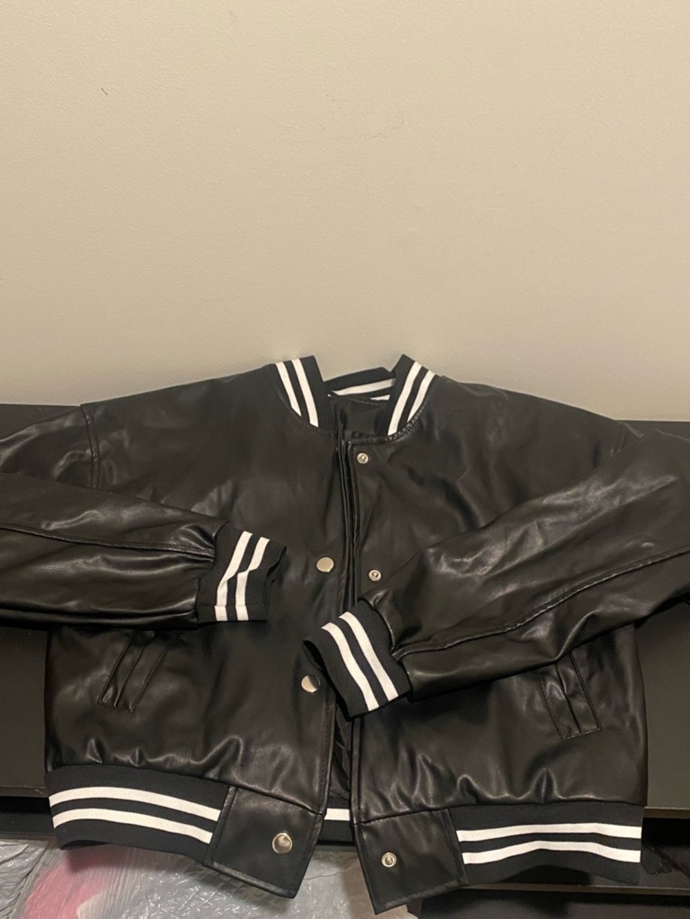 Black Faux Leather Varsity Jacket with White Stripe Trim Michael Kor warm winter